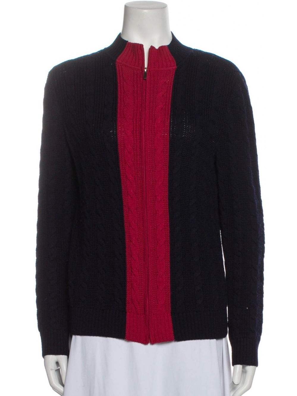 St. John Mock Neck Navy Cable Knit Zip Cardigan with Red Panel - Size Small - Picture 2 of 11